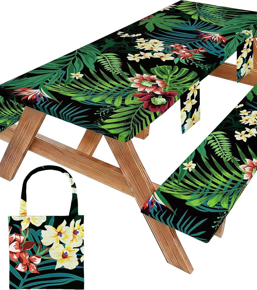 Picnic Table Cover with Bench Covers Waterproof Elastic Rectangle Tablecloth Camping Essentials Supplies Rv Car Travel Gear Must Haves Accessories Fitted Table Cloth Outdoor Road Trip Camper Gifts 6ft