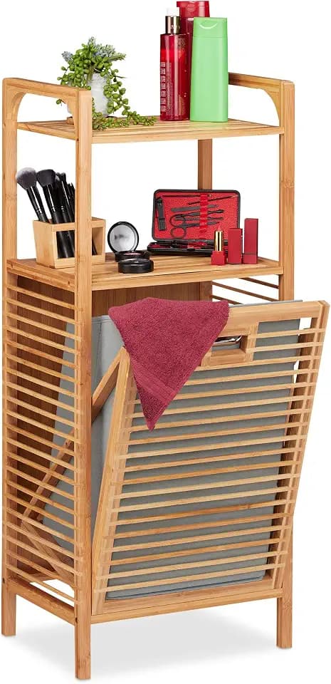 Relaxdays Badregal mit Wäschekorb, herausnehmbare Faltbox aus Stoff, Regal aus Bambus, HBT 95 x 40 x 30 cm, Natur/grau