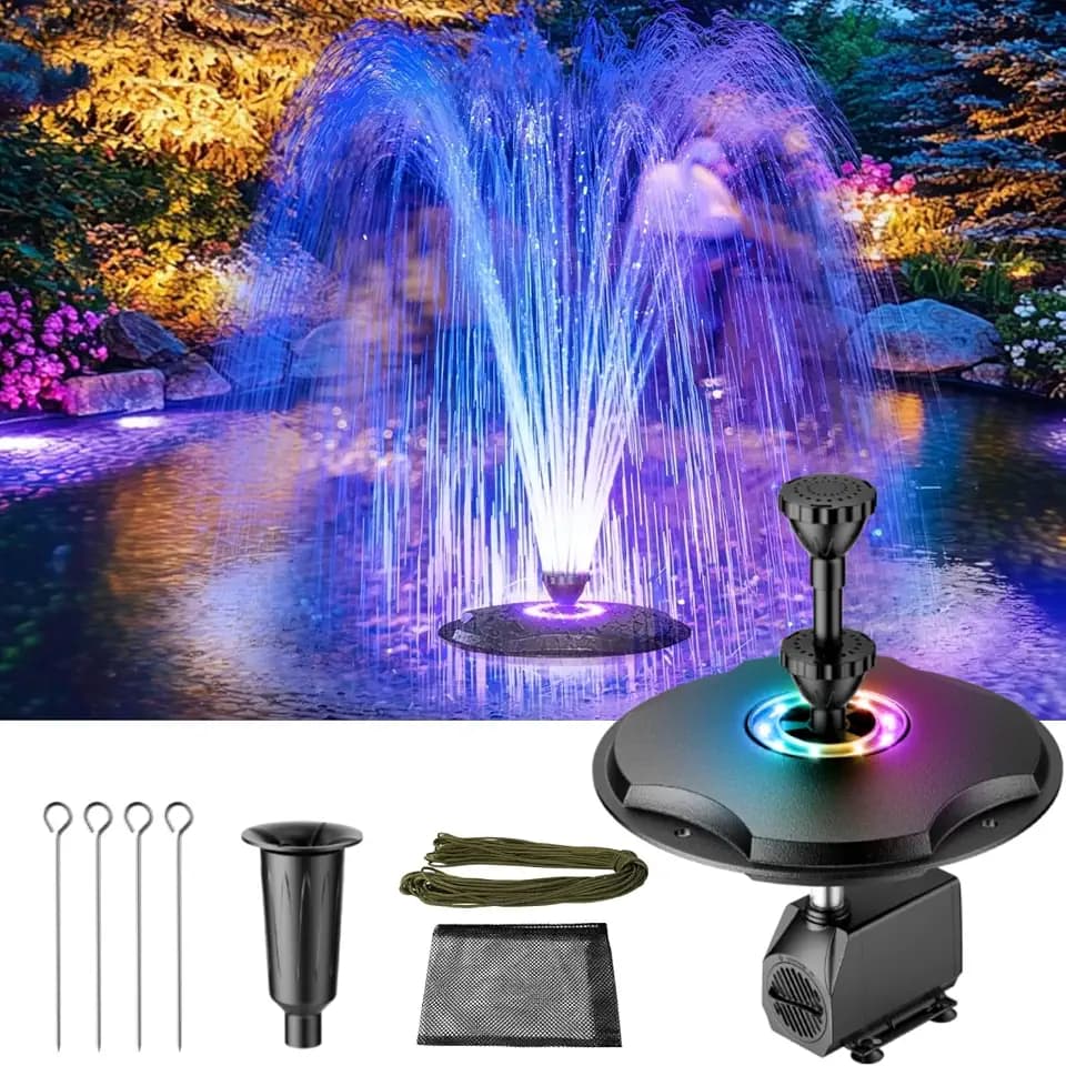 Anfraer Floating Pond Fountain with LED Lights, 650GPH RGB Floating Fountain with 3 Spray Modes, Pond Pump with 27FT Power Cord & 65.6FT Mooring Line for Pond Garden Fish Tank