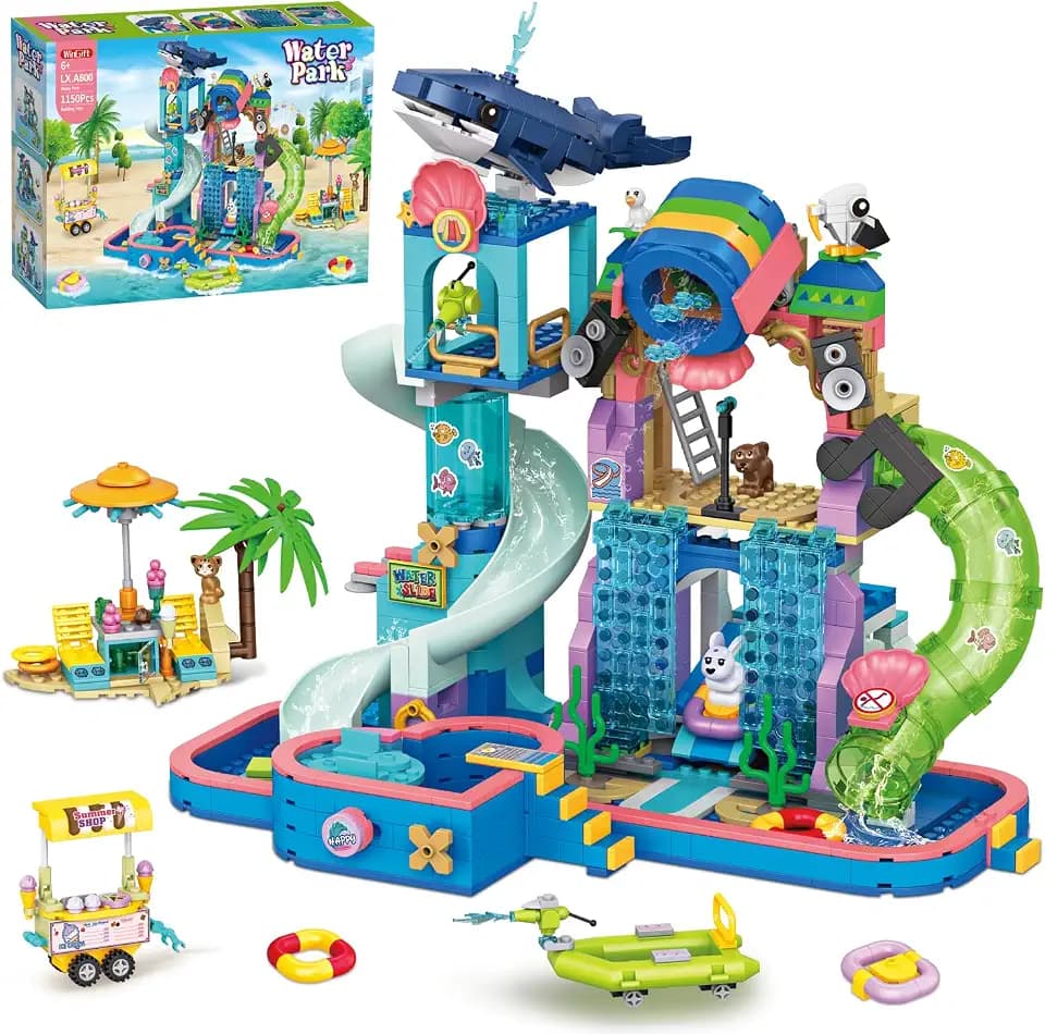 WinGift 1150Pcs Friends Water Park Building Set, STEM Summer Fun Party Toy with Swimming Pool Slides,Water Canons,Diving Platform,Animal, Pretend Play Kit for kids, Birthday Gifts for Girls Ages 8-14+