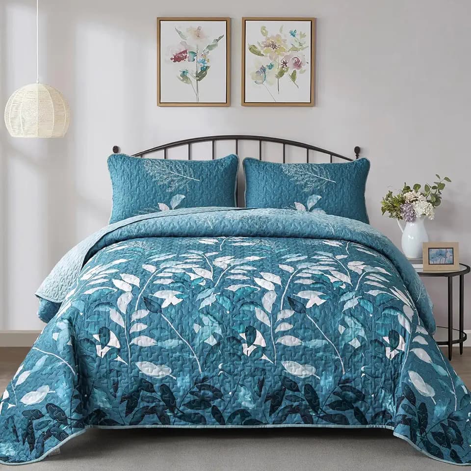 WONGS BEDDING Teal Quilt Set California King, Floral Botancal Bedspread