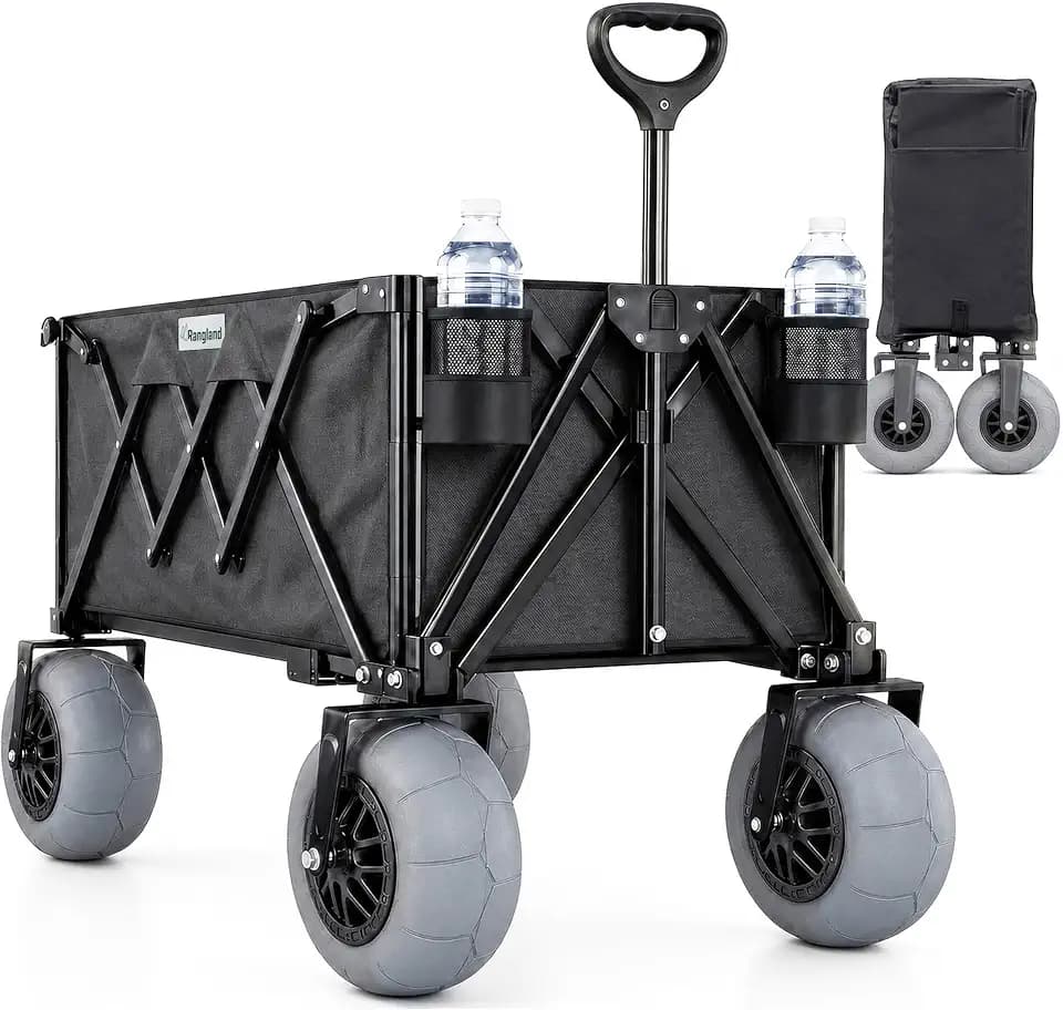 Beach Wagon with Big Wheels for Sand - All Terrain Steel Frame Utility Cart with 9" Pneumatic Tires, Collapsible Folding Design (Sand Warrior RX800 Black)
