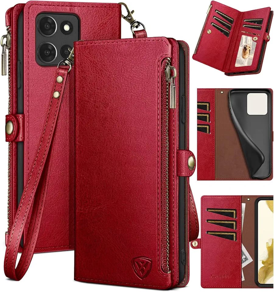 XcaseBar Compatible with ‌Moto G 5G 2025/G Play 2026 Wallet case with Zipper Credit Card Holder【RFID Blocking】,Flip Folio Book PU Phone case Shockproof Cover Women Men for Moto G 5G 2025 case Red