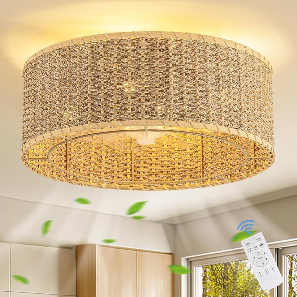 Boho Ceiling Fan with Light,Caged Ceiling Fan with Remote Control Reverible Blades Low Profile 6 Speeds Farmhouse Rattan Fandelier Chandelier Ceiling Fans for bedroom dining room kitchen living room