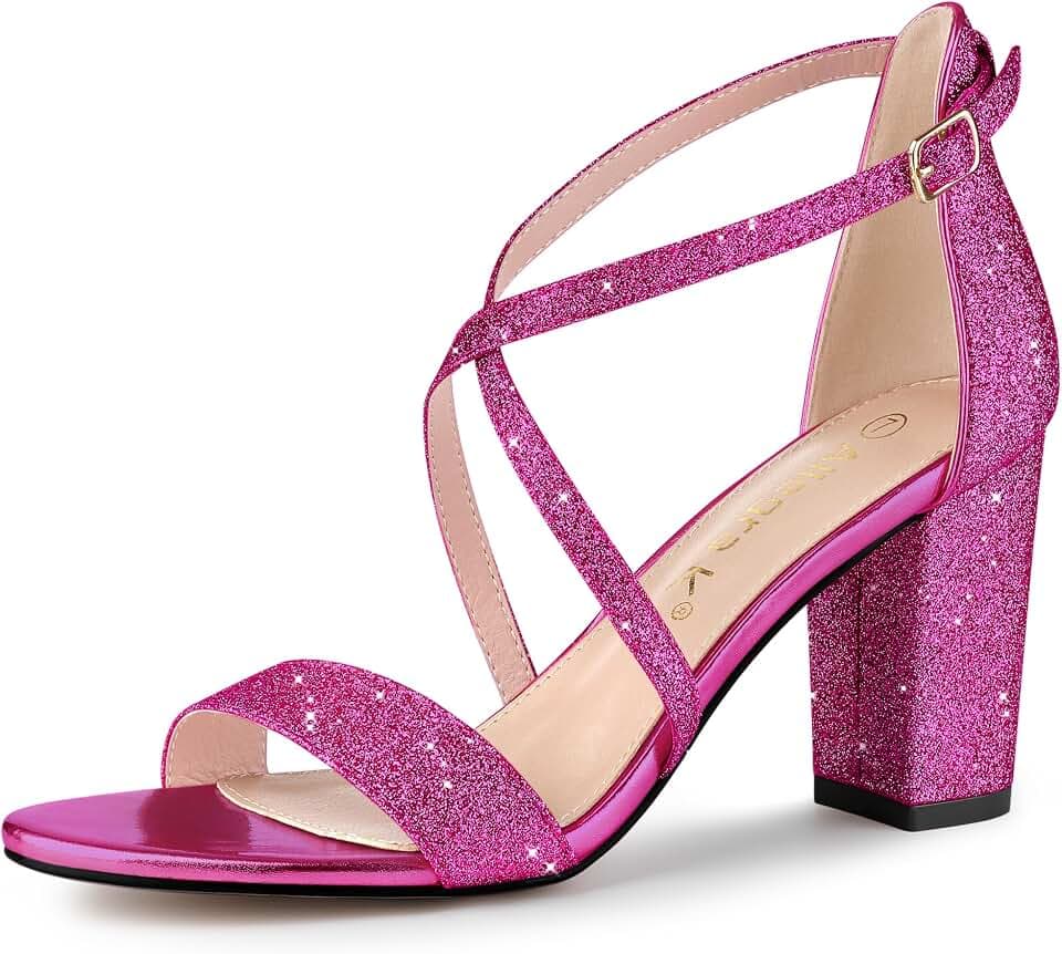 Allegra K Women's Glitter Crisscross Strap Block Heels Sandals