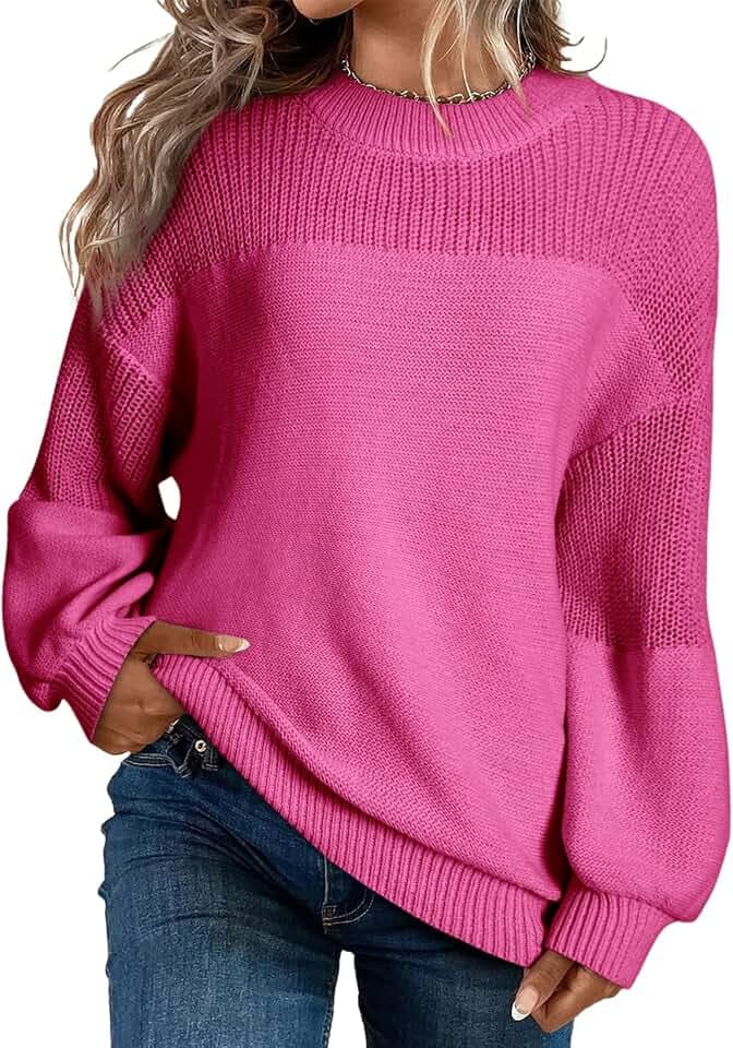 Dokotoo Damen Pullover Elegant Rundhals Puffärmel Strickpullover Einfarbig Lässig Lose Oberteile Herbst Winterpullover Pulli S-XXL