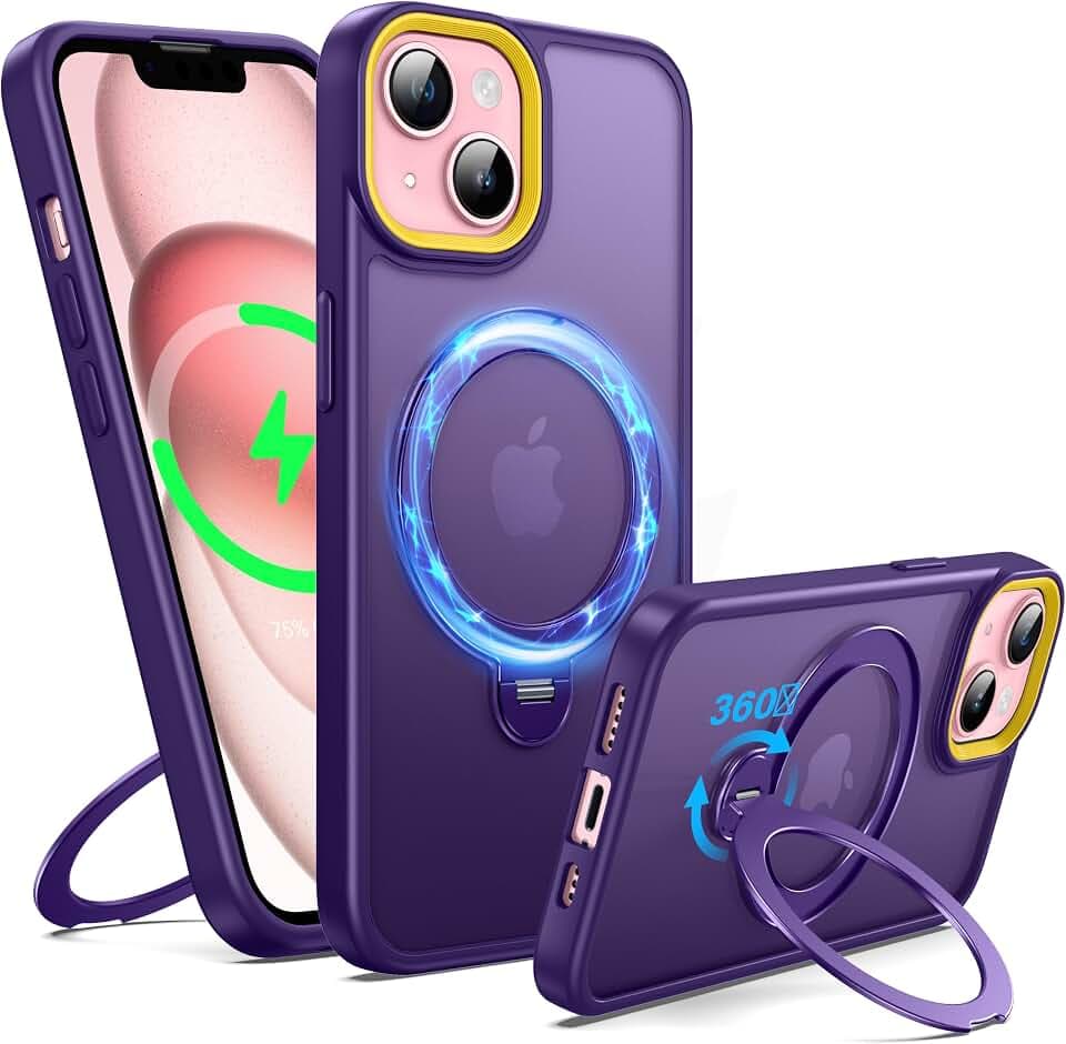 Supdeal Magnetische Ständer Hülle für iPhone 15, [360° Drehbarer Stand] [Kompatibel mit MagSafe] Ring Magnet Halter Durchscheinend Matt Handyhülle Schutzhülle, 6,1", Lila