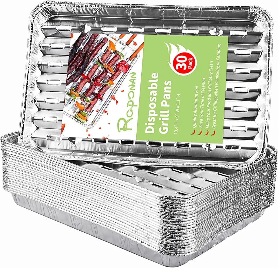 30-Pack Disposable Grill Toppers, Aluminum Foil Grill Pans with Holes, Grill Accessories for Barbecue, Outdoor Cooking and Camping