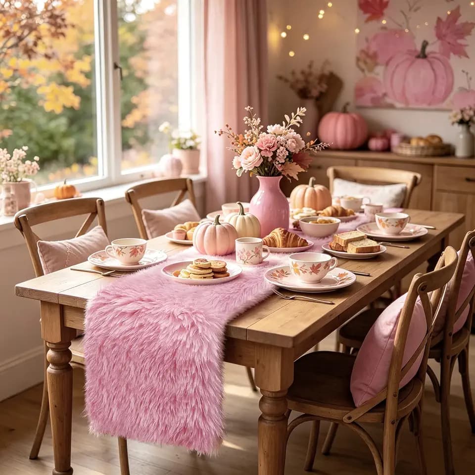 Pink Fur Table Runner 72 inches, Fluffy Pink Preppy Girly Dresser Runner
