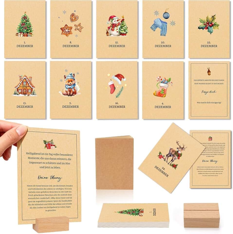 DPKOW Achtsamkeit Adventskalender 2026 Frauen Achtsamkeitskalender 2026 Achtsamkeitskarten Postkarten Mindful Lebensfreude Adventskalender Motivationskalender Sprüchen Tischkalender & Notizbuch Sockel