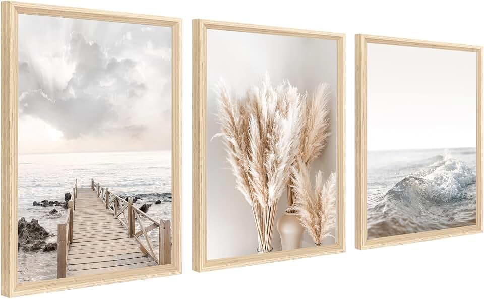 3 Pcs Küstenstrand Ozean Meeresküste Leinwand Bilder Mit Rahmen Malerei Poster Nordisches Beige Pampasgras Bild Wandbilder Wohnzimmer Schlafzimmer Wanddeko 30x40cm x3 (12"x16"x3pcs) (Kein Plexiglas)