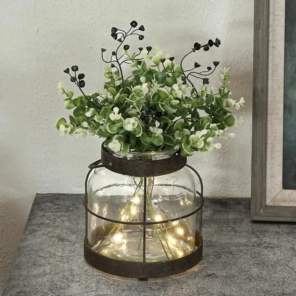 Vintage Glass Farmhouse Vase Rustic Lantern Decor with Plants Lights