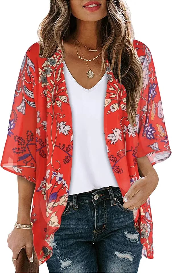 florynova Women’s Causal Kimono Cardigan Summer Tops Loose Fit Beach Cover Ups Floral Print Blouses