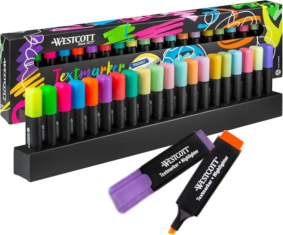 Westcott Textmarker Tischset 20 Stück in Neon und Pastell | 20er Pack Highlighter Marker mit Organisationssystem | 2-5 mm Strichstärke | Premium Tinte aus Deutschland | E-744250 00