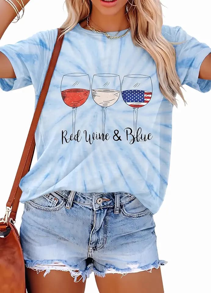 Patriotic Shirts for Women Red White and Blue Shirts American Flag Shirt 4th of July Tops Funny Wine Glass Graphic Tees