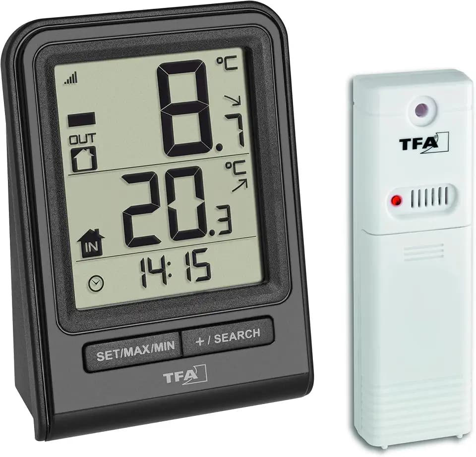 TFA Dostmann Prisma Funk-Thermometer, Außentemperatur, Innentemperatur, Tendenzpfeile, Höchst- und Tiefstwerte, L 67 x B 35 x H 93 mm