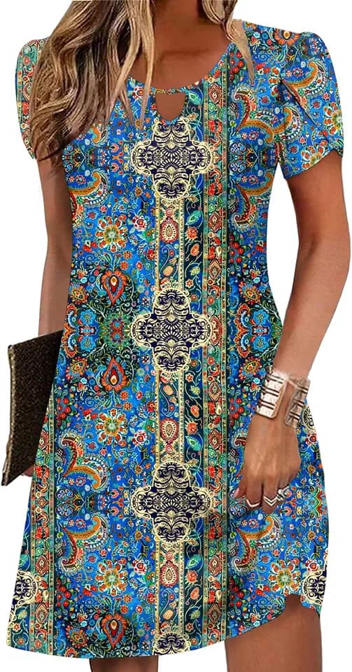 Zeagoo Women's Casual A-Line Dresses with Pockets Summer Floral Tshirt Dress Short Sleeve Mini Dress Flowy Sundresses