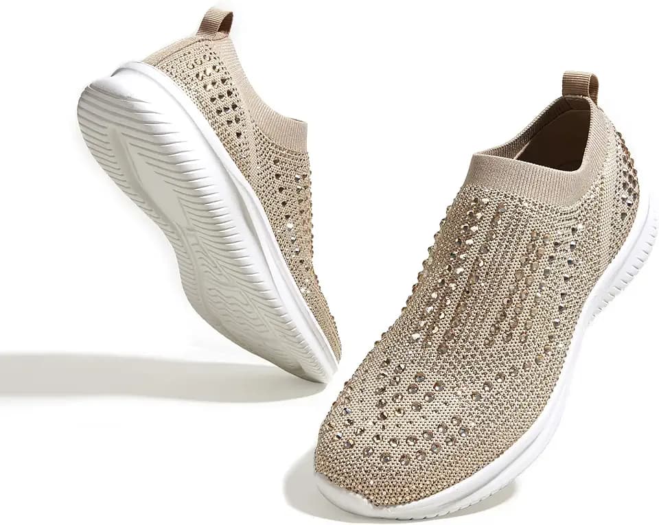 BELOS Women Rhinestone Slip On Walking Breathable Shoes
