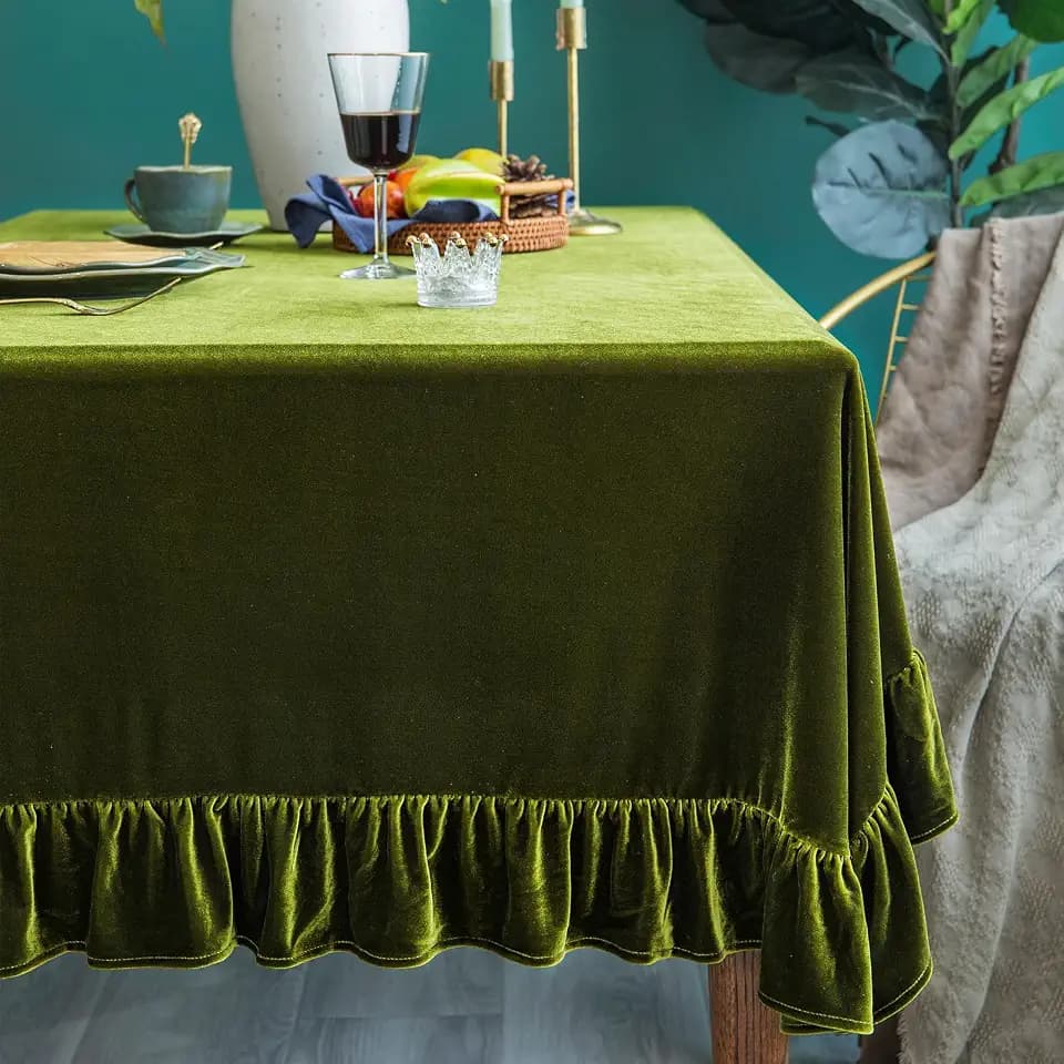 GLORY SEASON Velvet Tablecloth Luxurious Solid Rectangle Table Cloth,Oblong Retro Farmhouse Ruffle Tablecloths Washable Table Cover for Party Olive Green,52x70 Inches