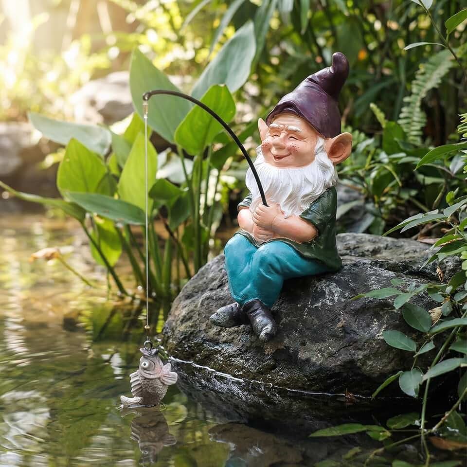Gnomes Fishing Statue Garden Decor – 9.8" Weatherproof Resin Gnomes Fishing Sculpture Decor for Fish Ponds, Koi Ponds, Waterfalls, Poolside & Outdoor Gardens– Resin Figurine for Indoor & Outdoor Décor