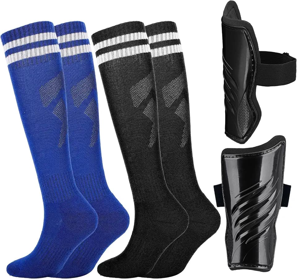 2 Paar Stutzen Kinder Fußball mit Schienbeinschoner Kinder Fussball, 5-10 Jahren Lange Fussball Socken Fußballsocken Sportsocken für Jungen Mädchen Fußballtraining