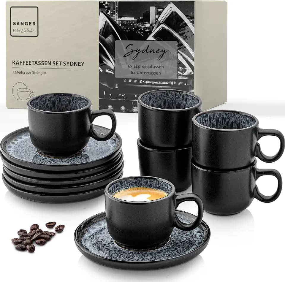 SÄNGER Sydney Espressotassen Set Steingut 12 teilig, Mokka Tassen-Set