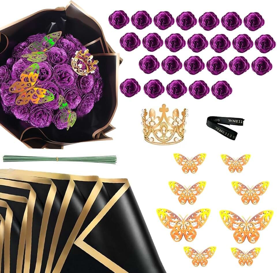 HhBdy 24 Stück Glitzer-Rosenstrauß, Künstliche Blumen Rosen Künstliche Rosen mit Krone Blumenstrauß Künstlich DIY Glitzerrosen für Valentinstag Muttertag Jahrestag Geburtstag Hochzeit (Lila)