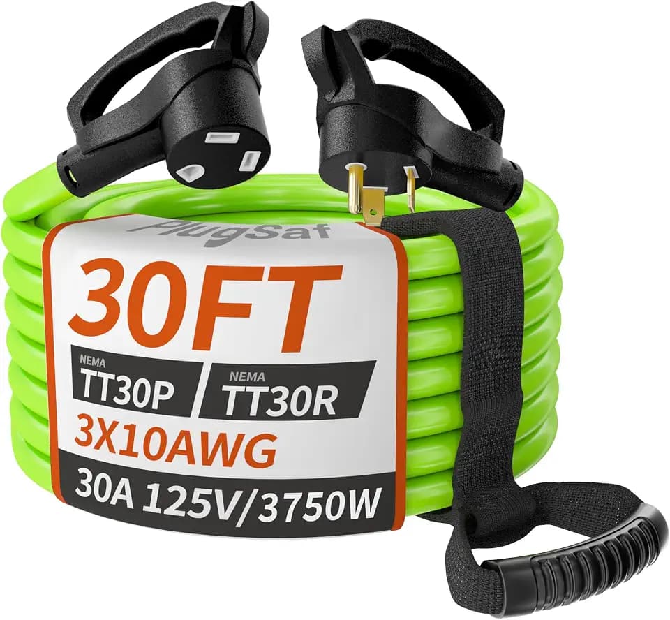 PlugSaf 30 FT 30 Amp RV Extension Cord Outdoor, 10AWG 125V 3750W STW Green