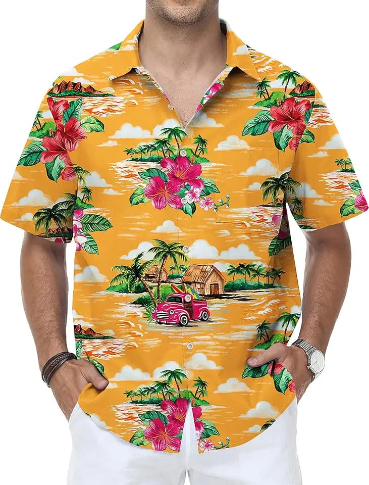 KYKU Men's Hawaiian Shirt Short Sleeve Tropical Button Down Casual Summer Beach Vacation Shirts
