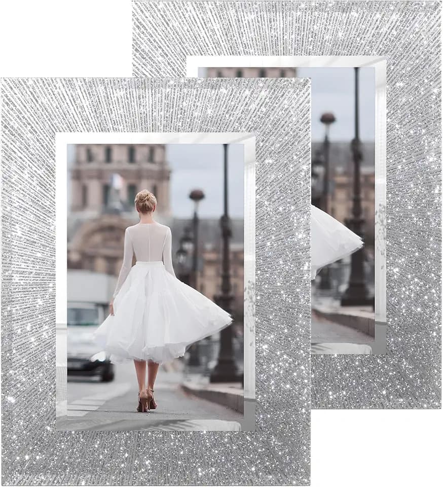 4x6 Picture Frame Set of 2 - Crystal Glass Picture Frame, 4 by 6 Glitter Silver Wedding Photo Frames for Tabletop and Wall Display Vertically of Horizontally