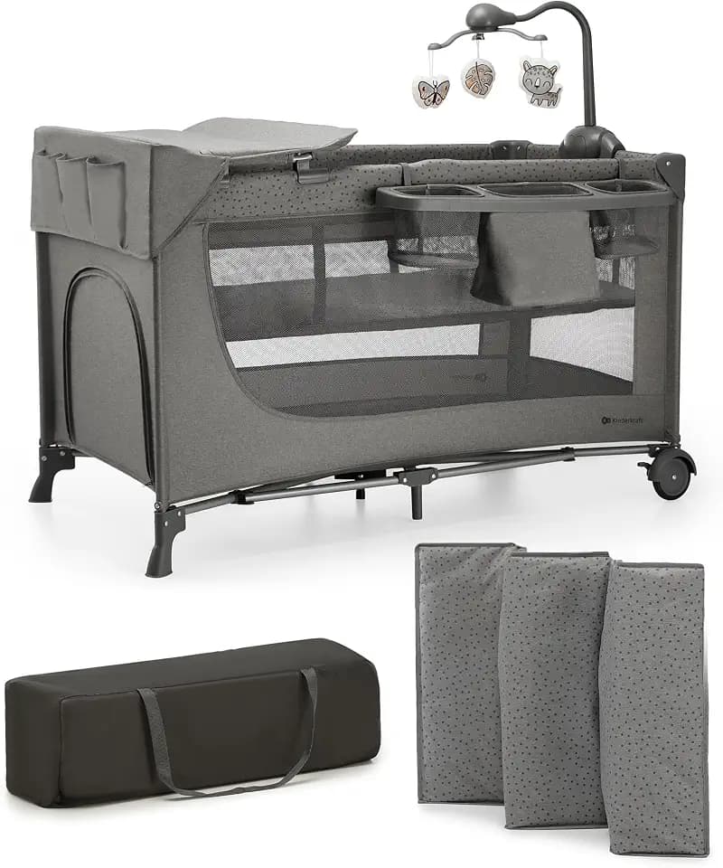 Kinderkraft Joy 2 Acc, Kinderreisebett, 3-in-1, Zubehör, Rollen, Dunkelgrau