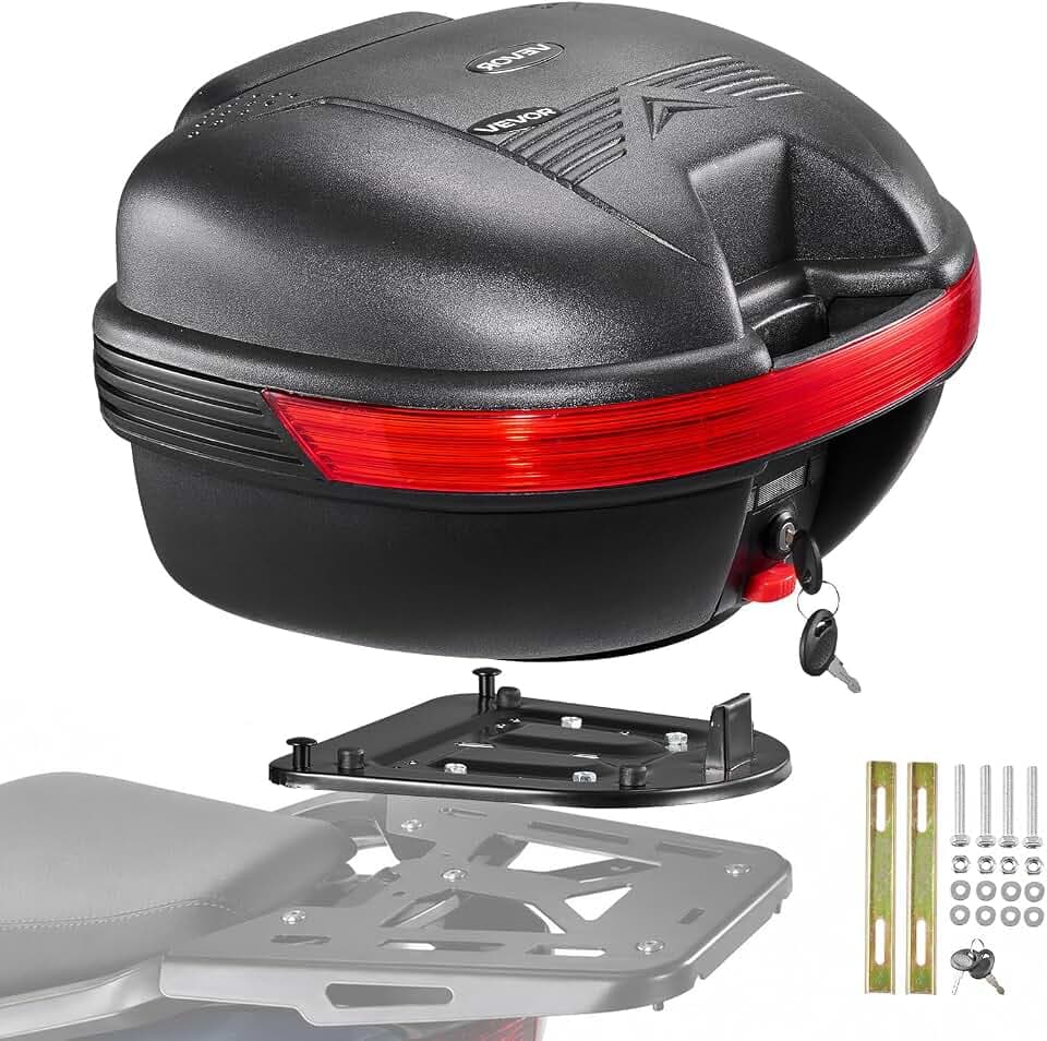 VEVOR Motorcycle Top Case 30L Universal Waterproof PP Motorcycle Tail Case, Detachable Motorbike Top Box with Security Lock & Backrest for Luggage Storage