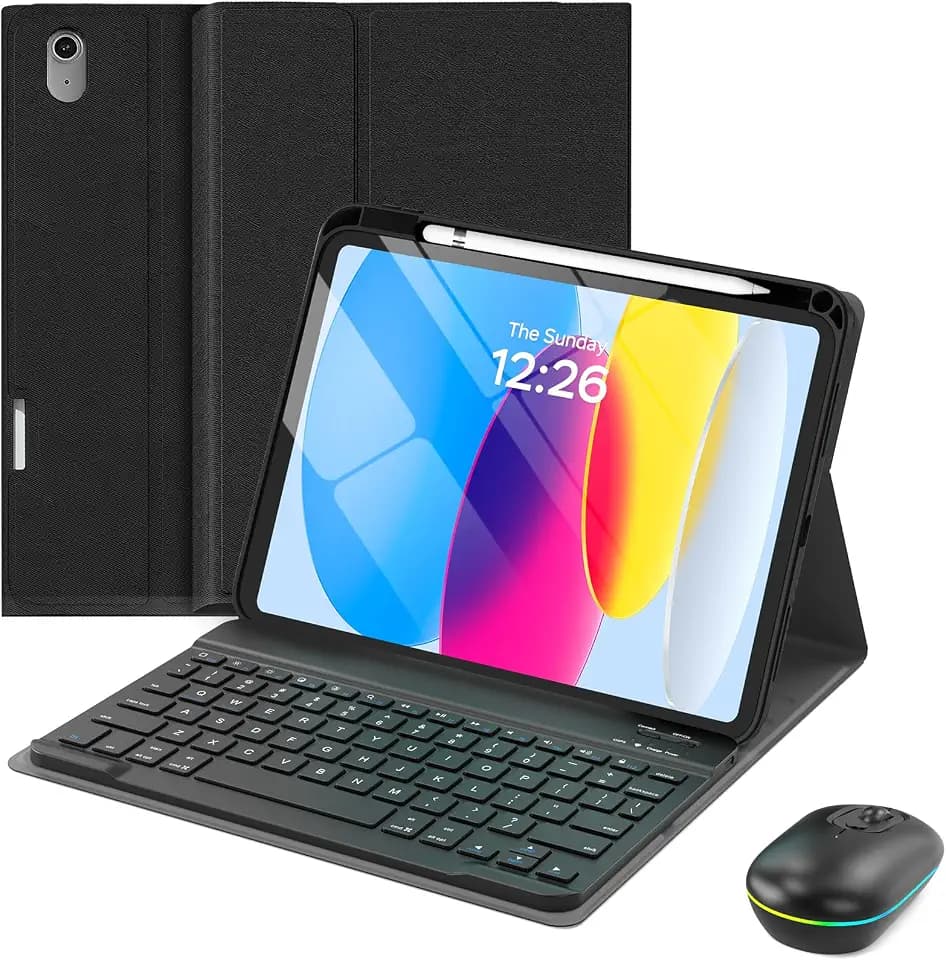 for ipad A16 Case with Keyboard and Mouse, Stand Folio Cover with Pencil Holder for 11th Gen 2025 11 inch/10th Gen 2022 10.9 inch, Magnetic Detachable Wireless Keyboard with Mouse, Black