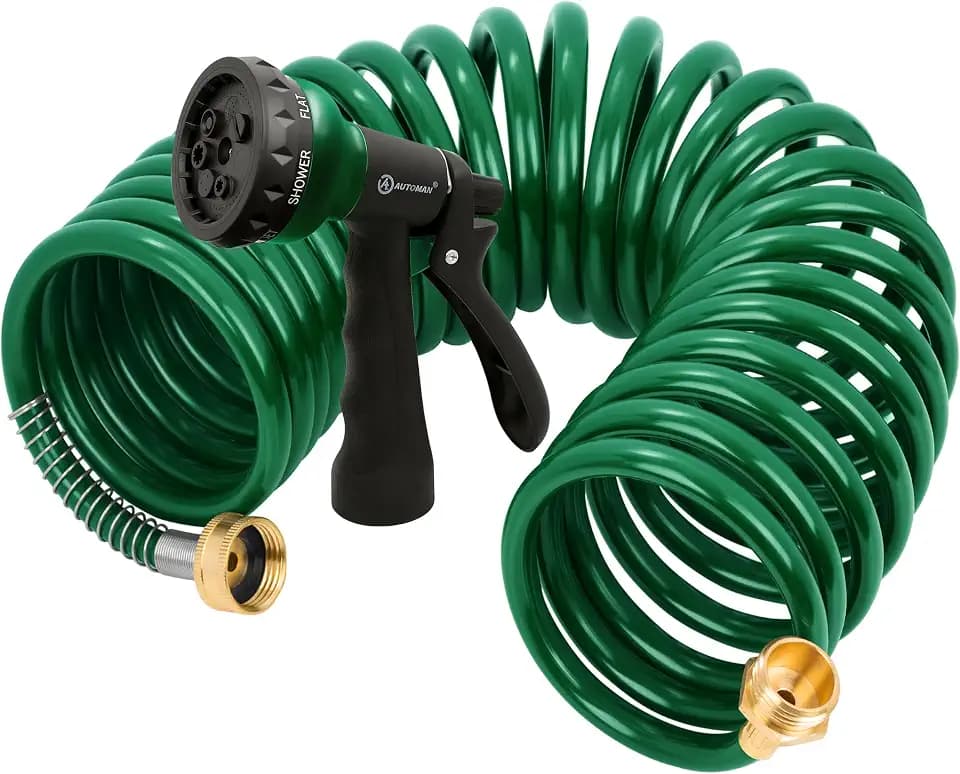 AUTOMAN Coil Garden Hose 25 ft, EVA Curly Water Hose with Brass Connectors, Recoil Garden Water Hose,Includes 7-Pattern Function Sprayer,Retractable,Corrosion Resistant Garden Coil Hose.