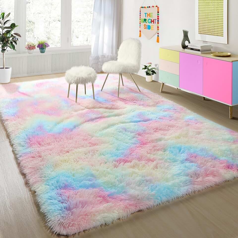 Rainbow Area Rugs for Girls Bedroom Fluffy Soft Vibrant Rugs Kids Playroom