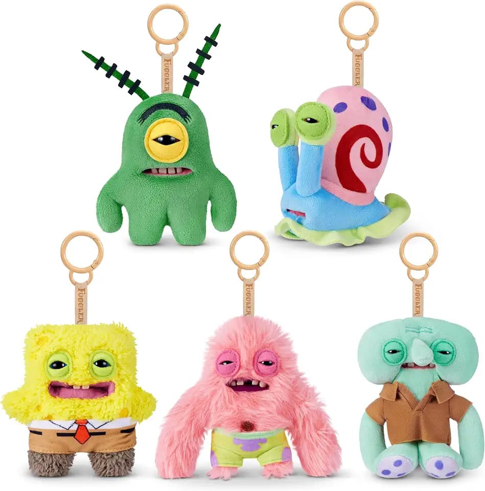 Fuggler Spongebob 5-inch Licensed Keyring Assortment 5 Pack by ZURU – Funny Ugly Monster Stuffed Animal with Human-Like Teeth, Collectible Bag Charm for Kids, Tweens, Teens, Adults