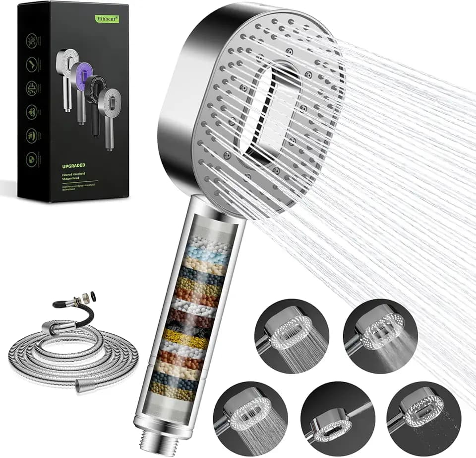 Hibbent Filter Duschkopf mit Schlauch 1,5m, 5 Strahlarten, Chrom