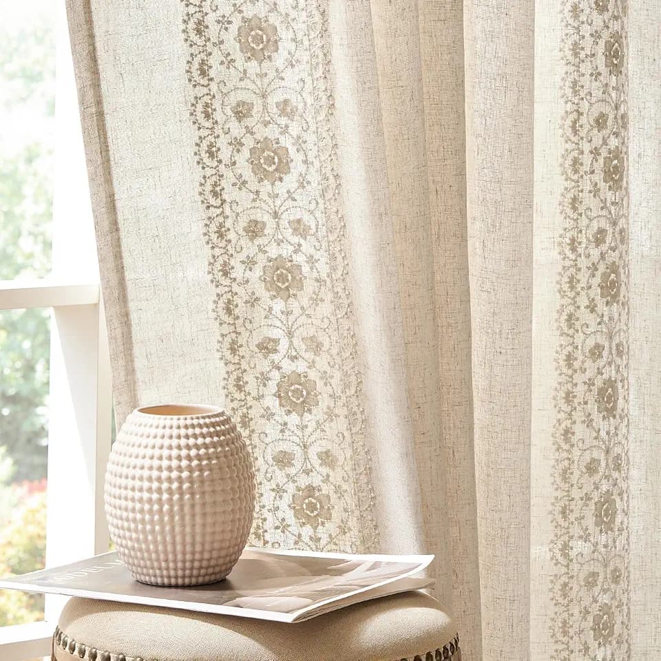 jinchan Floral Linen Curtains Embroidered Back Tab 54Wx63L 2 Panels
