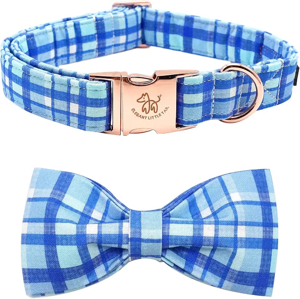 Dog Collar with Bow, Elegant Little Tail Blue Plaid Boy Dog Collar Cute Bow