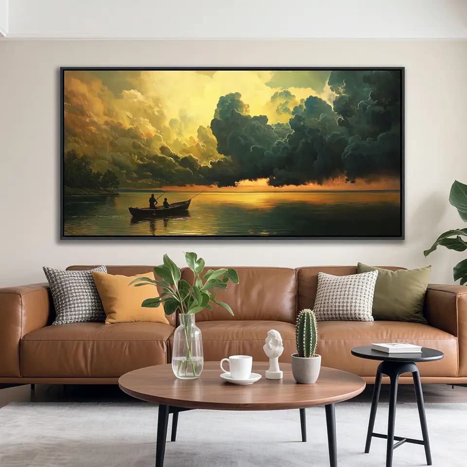 YCPRIMER Large Landscape Wall Art - Gold Lake and Cloud Canvas Wall Decor for Living Room Modern Artwork Oil Painting Pictures for Bedroom Kitchen Home Office Decoration Size 29x58 inches