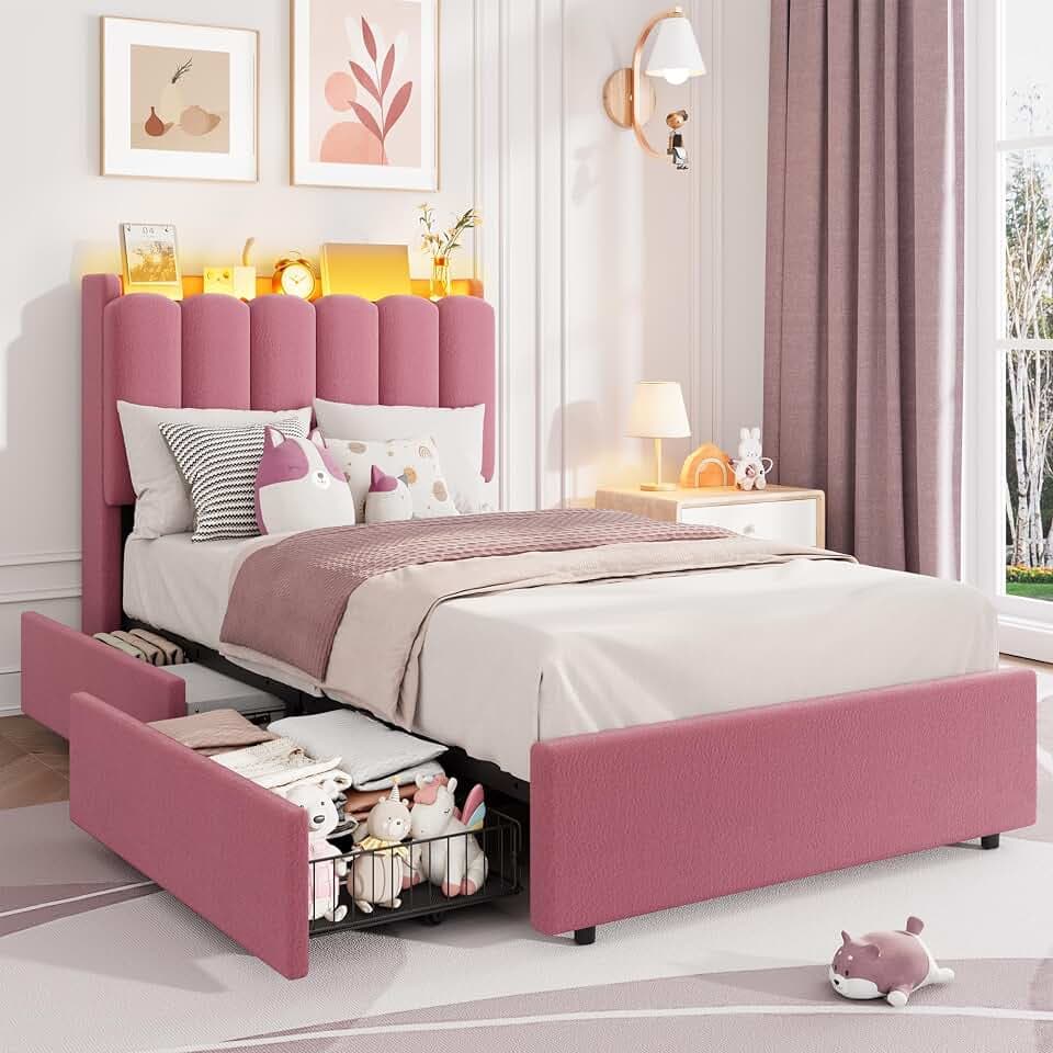Garvee LED Twin XL Bed Frame with 2 Storage Drawers for Kids, Dark Pink