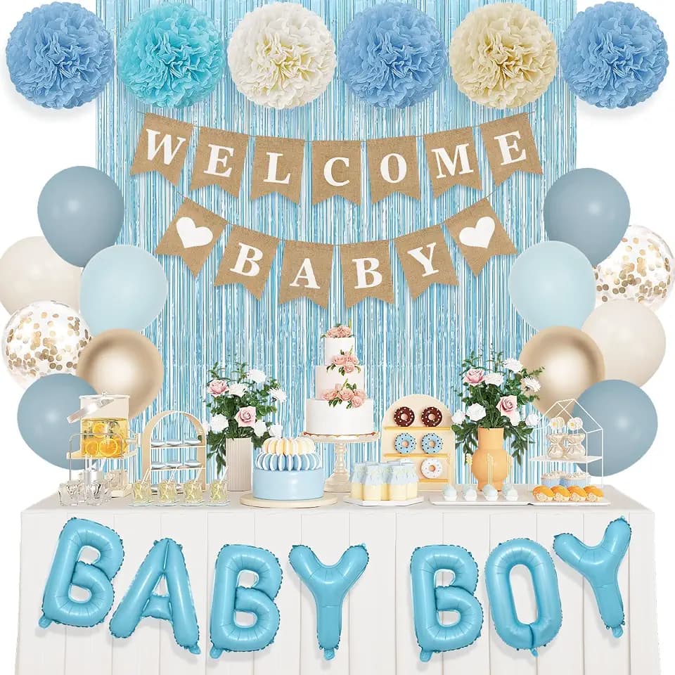 Ouddy Party Dusty Blue Baby Shower Decorations for Boys with Fringe Curtain