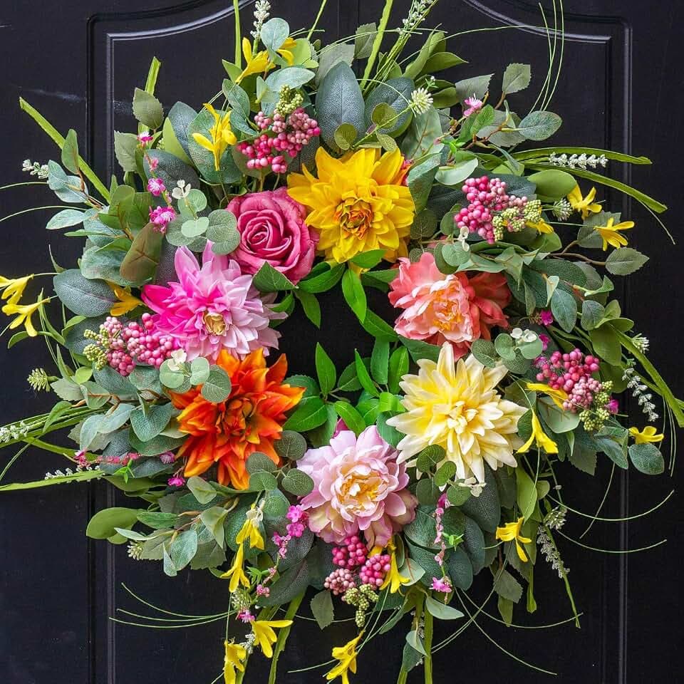 Spring Summer Wreaths for Front Door Outside 24 Inch, Soomeir Floral Door Wreath with Peony Dahlia Rose, for All Season Easter Indoor Outdoor Farmhouse Home Porch Wall Window Decor
