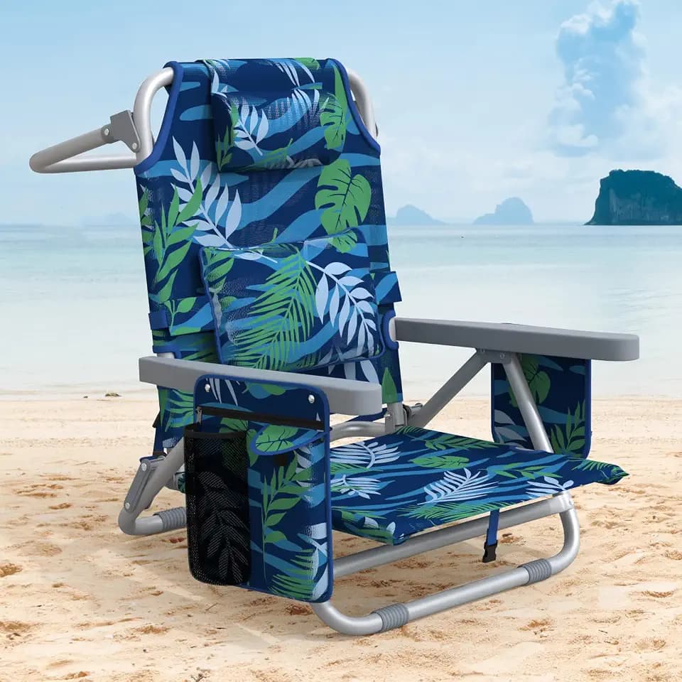 ZENPETIO Backpack Beach Chair Reclining with 5 Adjustable Positions, Built-in Cooler & Backpack Straps - Portable Folding Beach Chairs for Adults, for Camping, Pool, Travel