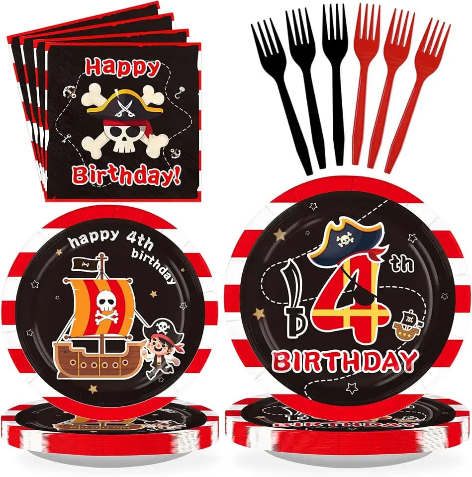 96Pcs Pirate 4th Birthday Party Decorations for Boys, Serve 24