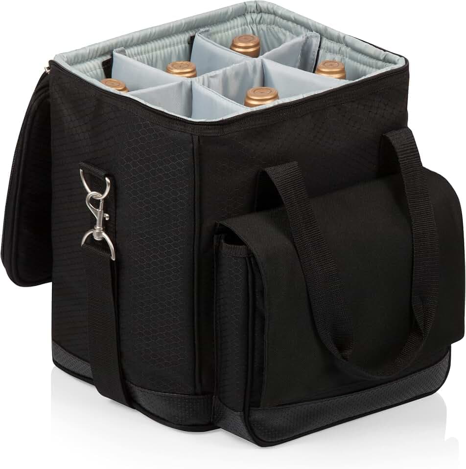 Picnic TIME Cellar 6-Bottle Wine Carrier & Cooler Tote, Insulated Padded Wine Cooler Bag for Travel, Portable Water-Resistant Wine Bag, (Black with Gray Accents)