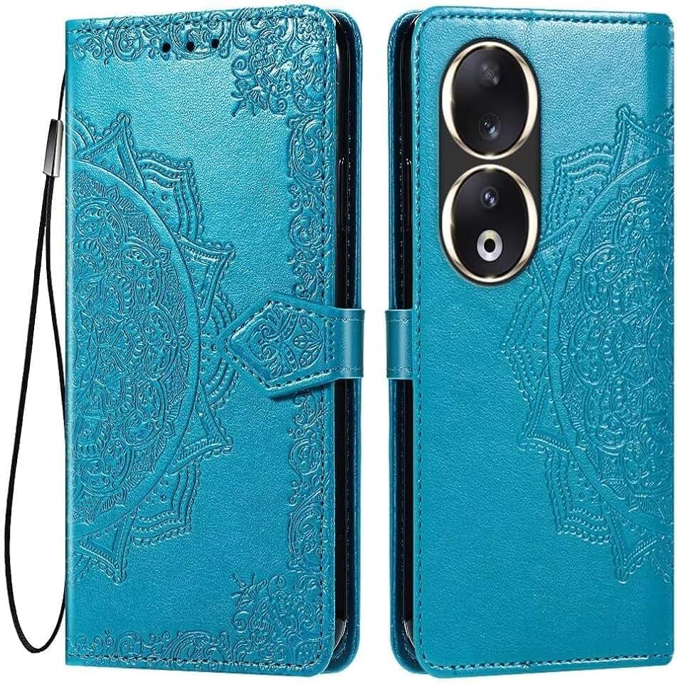 HONLEN Hülle für Honor 90 5G Handyhülle, (6.7" Inches) Premium PU Leder Wallet Magnetverschluss Flip Case mit 3 Kartenfach,Mandala Muster Case Blau