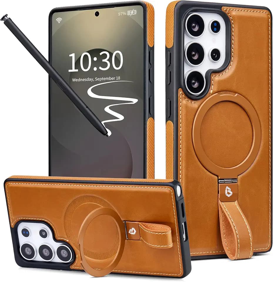 Butaiga for Samsung Galaxy S25 Ultra Case Leather with Stand, Brown