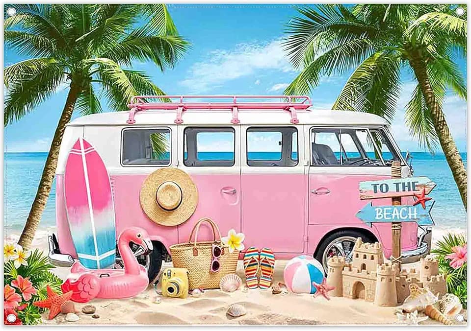 7x5ft Fabric Summer Hawaiian Beach Pink Car Photography Backdrop