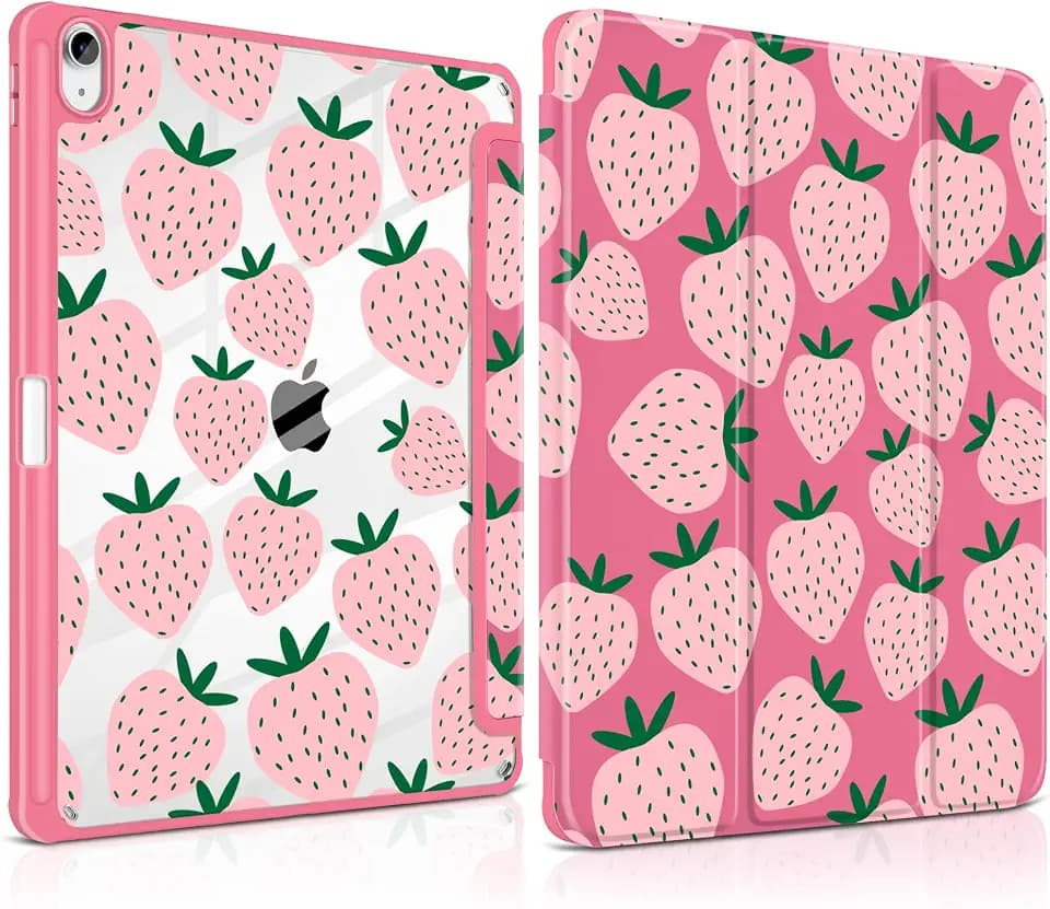MEEgoodo Case for iPad Air 13 inch 2026(M4) / 2025(M3) / 2024(M2), Tablet Cases with Transparent Acrylic Back Shell, Cover with Pencil Holder + Auto Wake/Sleep + Trifold Stand, Minimalist Strawberry